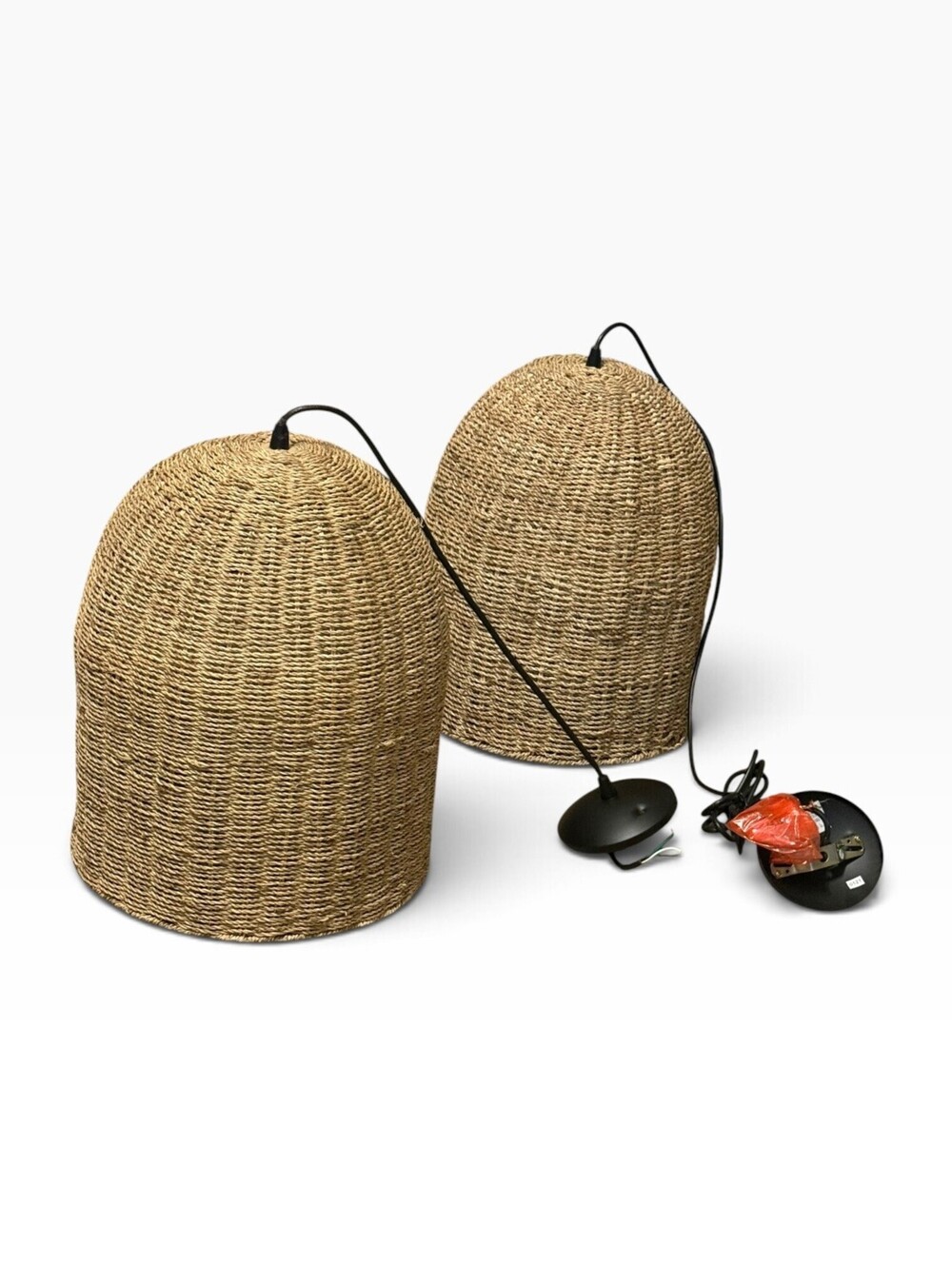 Pair of Woven Rattan Beehive Pendant Hanging lights with Black Metal Fixtures